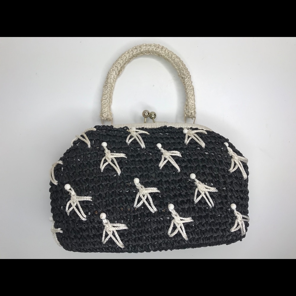 Sarne Vintage Black White Raffia Bead Purse Handbag